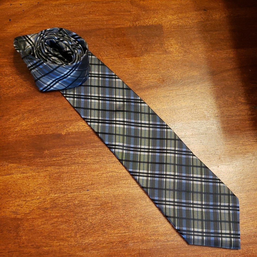 Pronto-Uomo Couture Men's Neck Tie Keeper Blue Gray Black Plaid 100% Silk Career